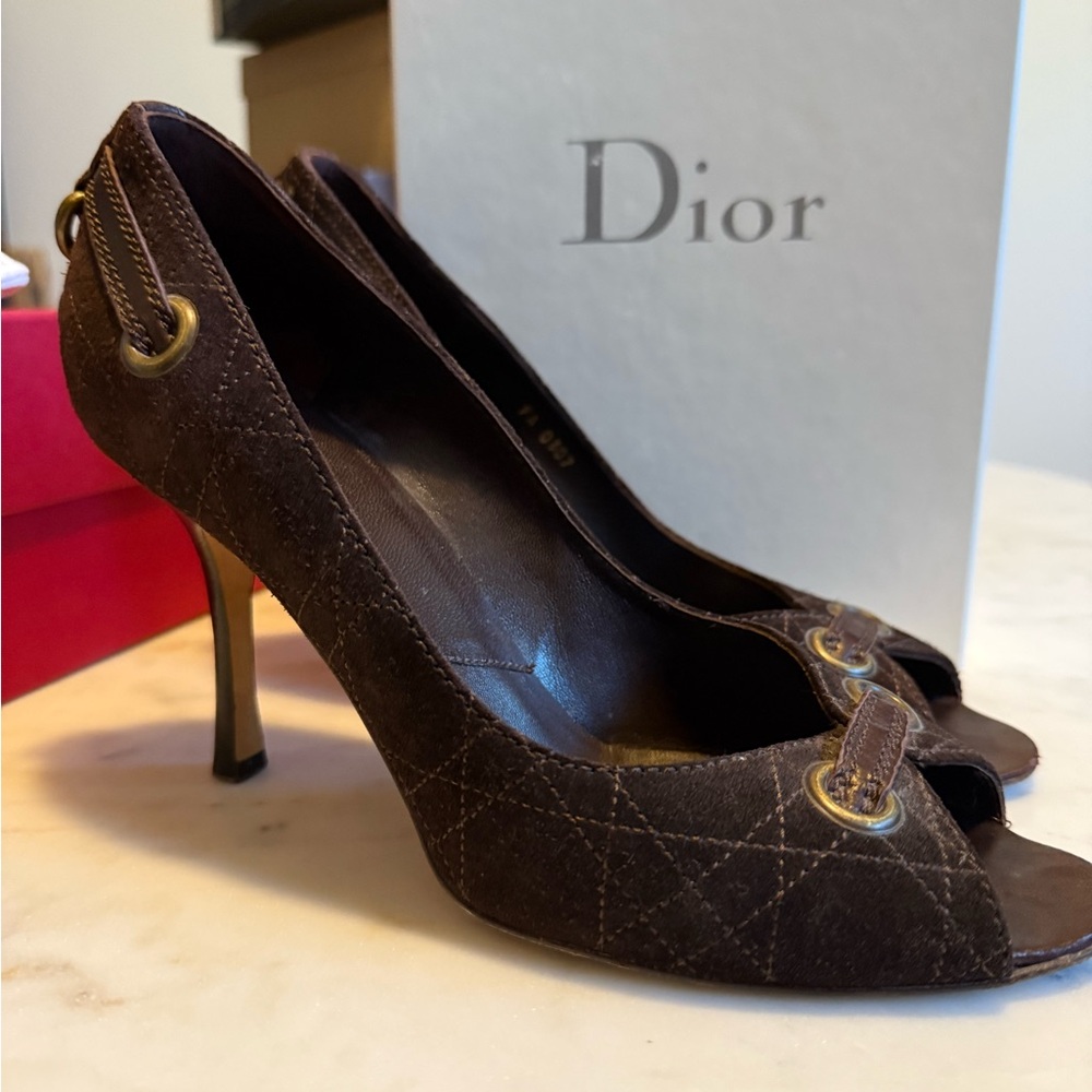 Dior Dark Brown Suede Peep-Toe Heels 39.5